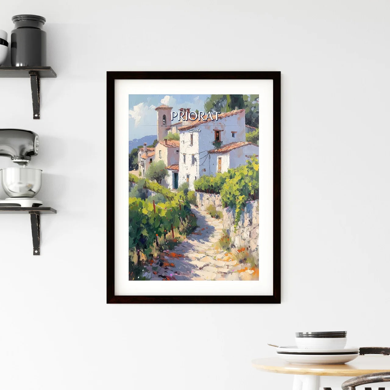 Priorat, Spain - Art print of a painting of a white building with a stone path and bushes Custom Print