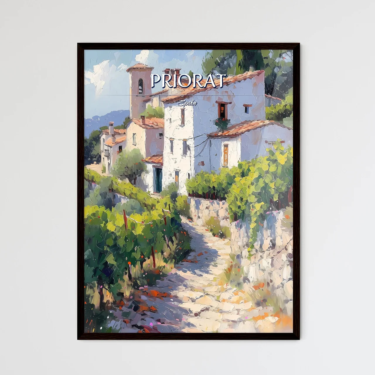 Priorat, Spain - Art print of a painting of a white building with a stone path and bushes Framed Art