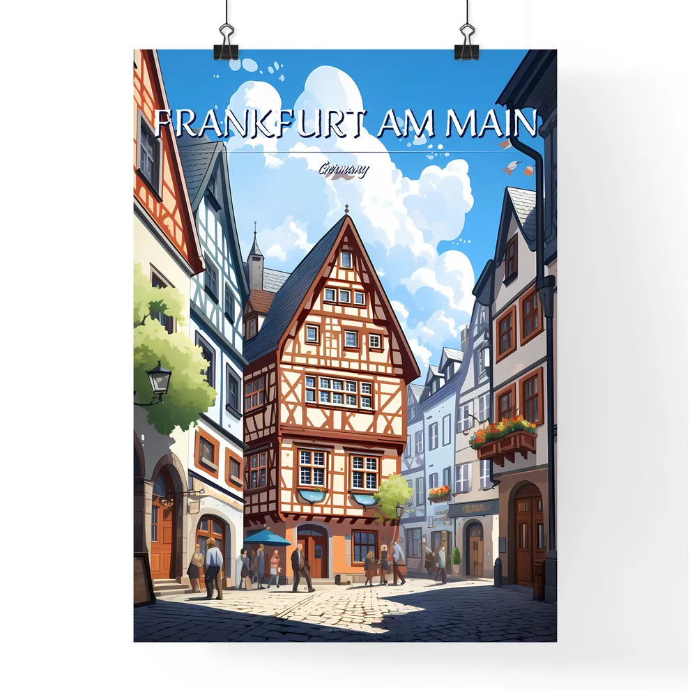 Frankfurt am Main, Germany - Art print of a group of people walking in a street with buildings Poster