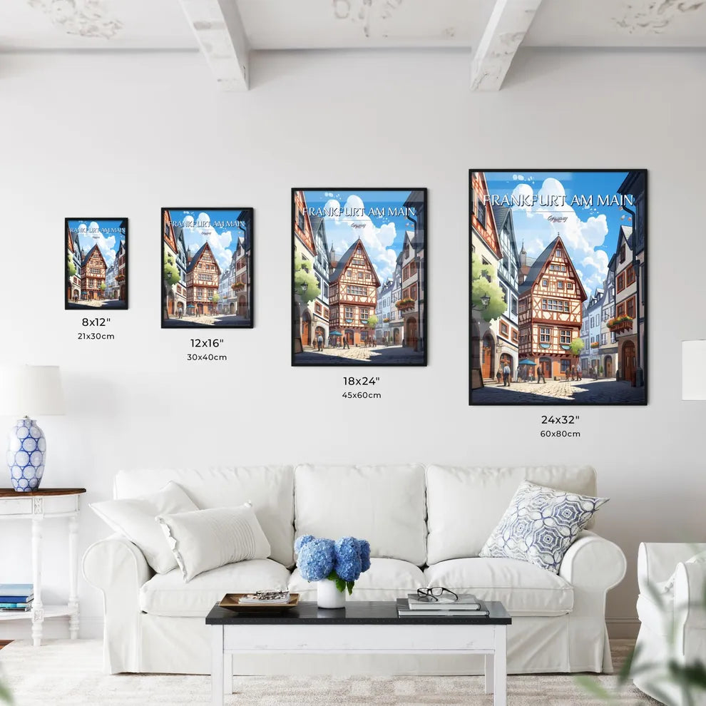 Frankfurt am Main, Germany - Art print of a group of people walking in a street with buildings Size Chart