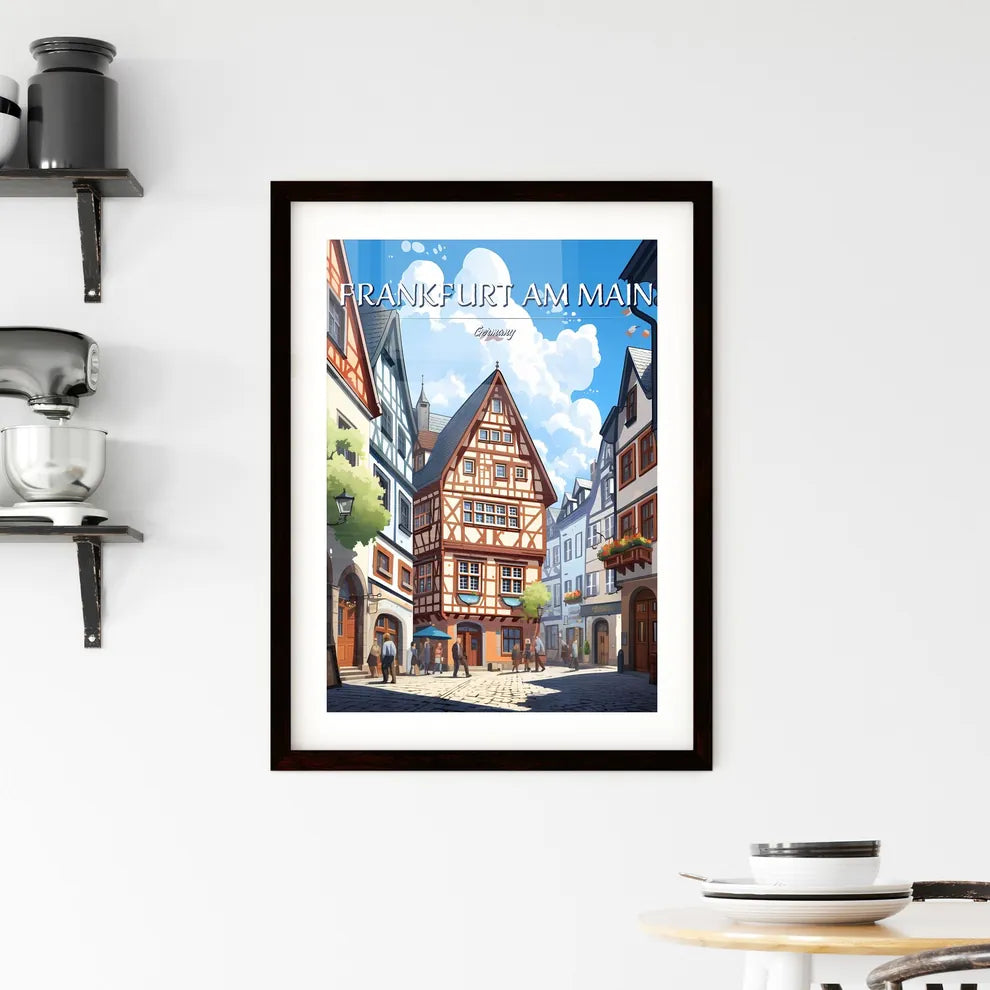 Frankfurt am Main, Germany - Art print of a group of people walking in a street with buildings Custom Print