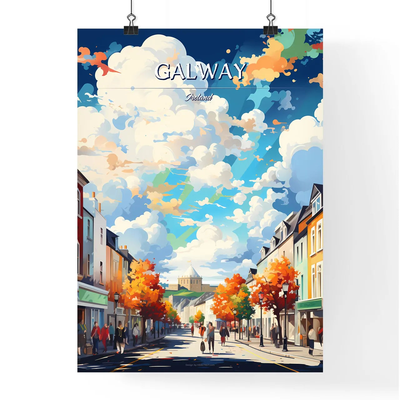 Galway, Ireland - Art print of a street with people walking on it Poster