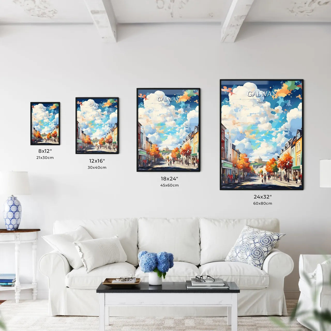 Galway, Ireland - Art print of a street with people walking on it Size Chart