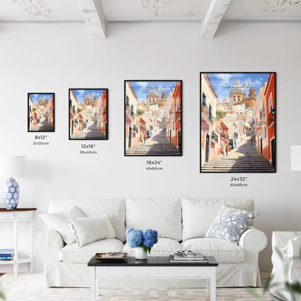 Cagliari, Italy - Art print of a staircase in a city Size Chart