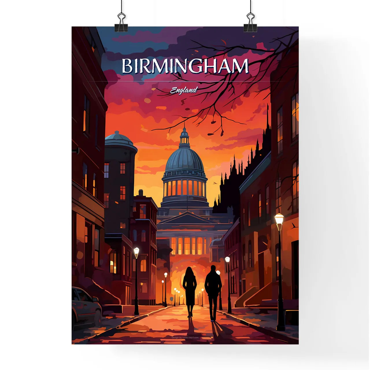 Birmingham, England - Art print of a couple of people walking down a street with a dome and buildings Poster
