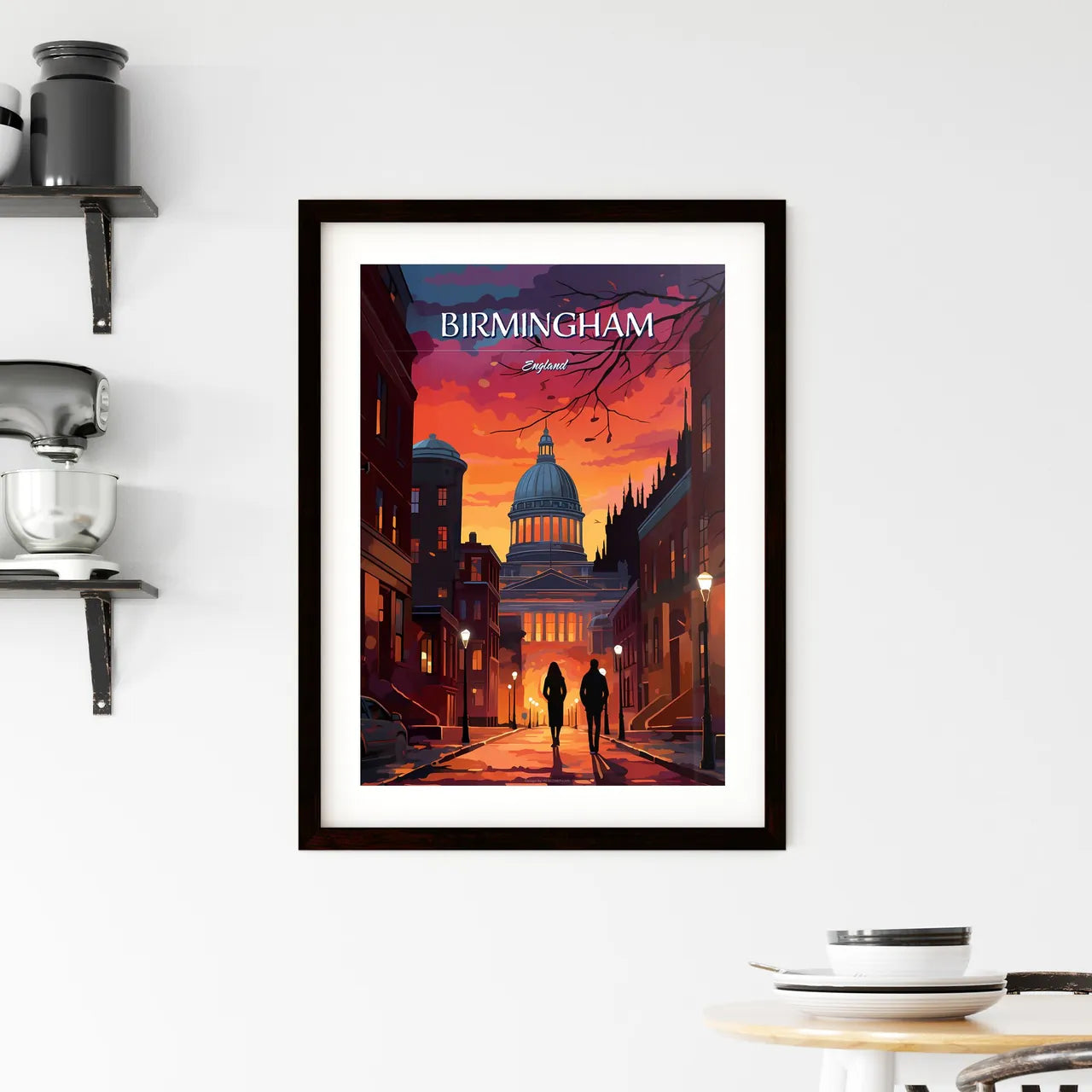 Birmingham, England - Art print of a couple of people walking down a street with a dome and buildings Custom Print