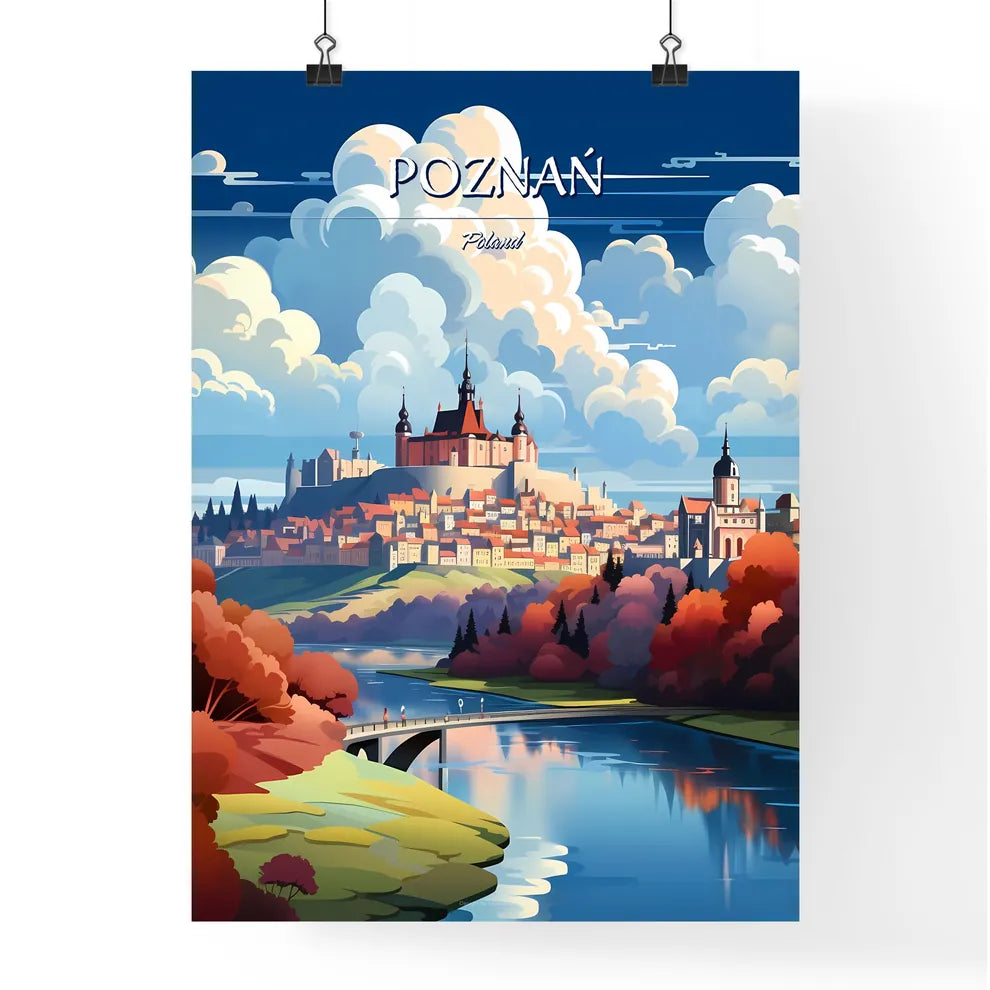 Poznań, Poland - Art print of a castle on a hill with trees and a bridge Poster