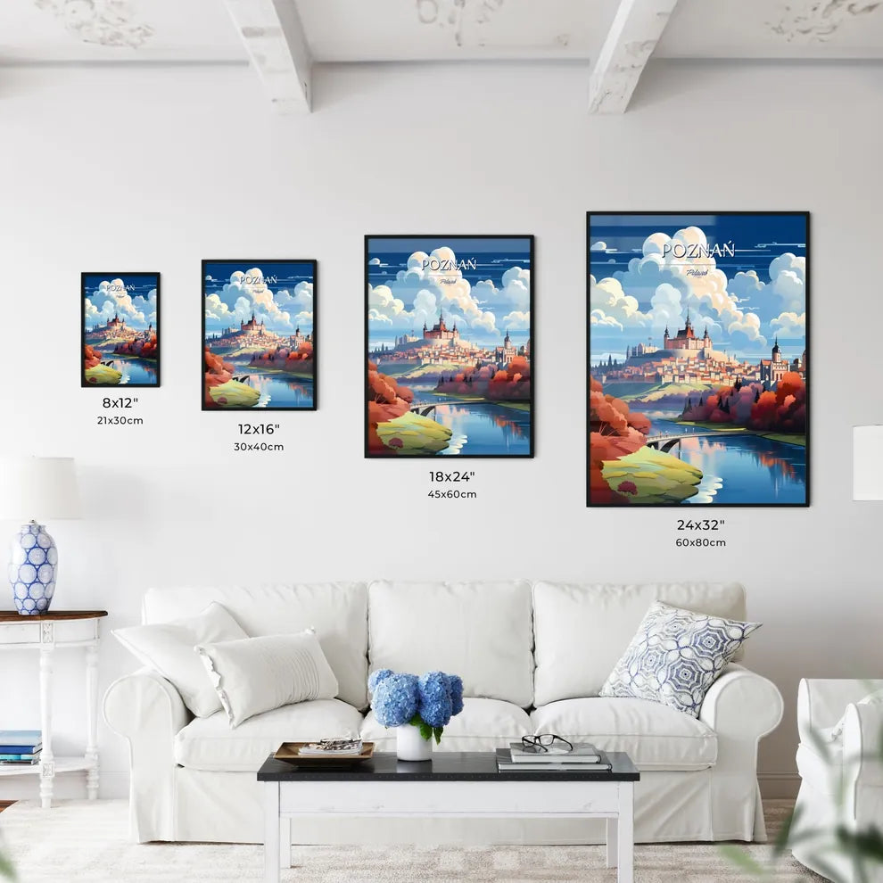 Poznań, Poland - Art print of a castle on a hill with trees and a bridge Size Chart