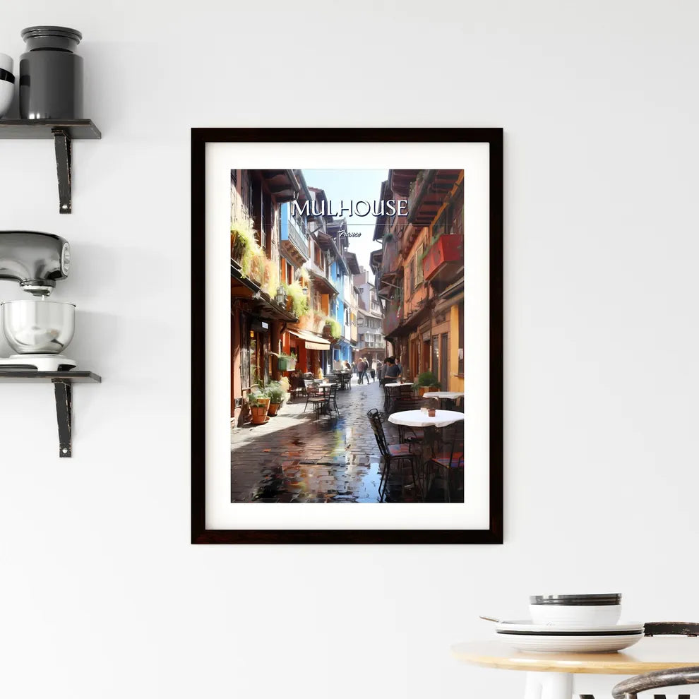 Mulhouse, France - Art print of a street with tables and chairs in a city Custom Print