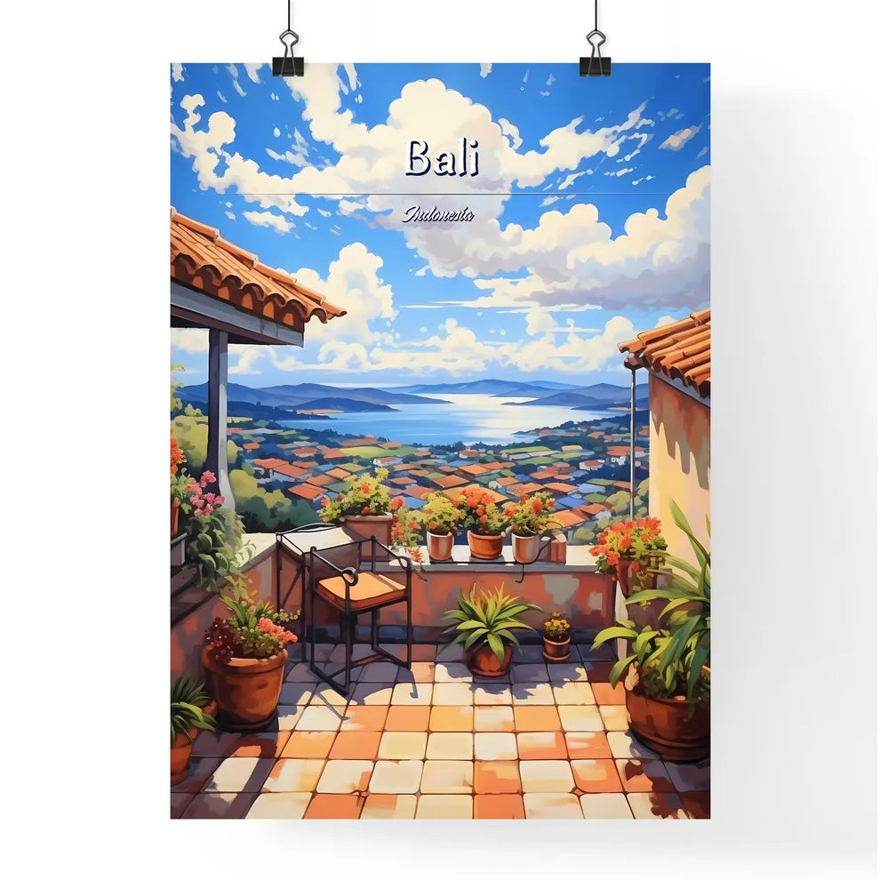 On the roofs of Bali, Indonesia - Art print of a painting of a rooftop with a view of a city and water Poster