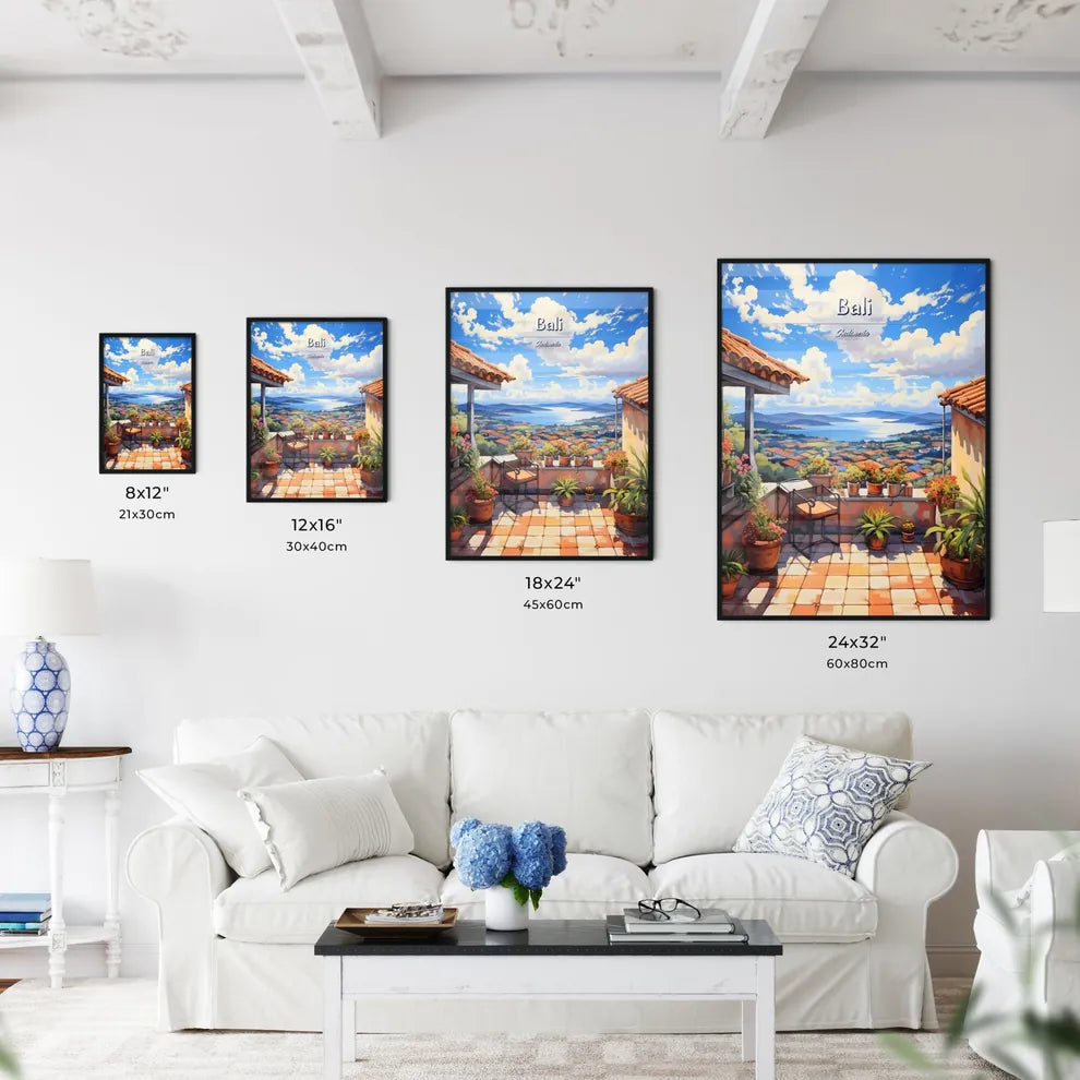 On the roofs of Bali, Indonesia - Art print of a painting of a rooftop with a view of a city and water Size Chart
