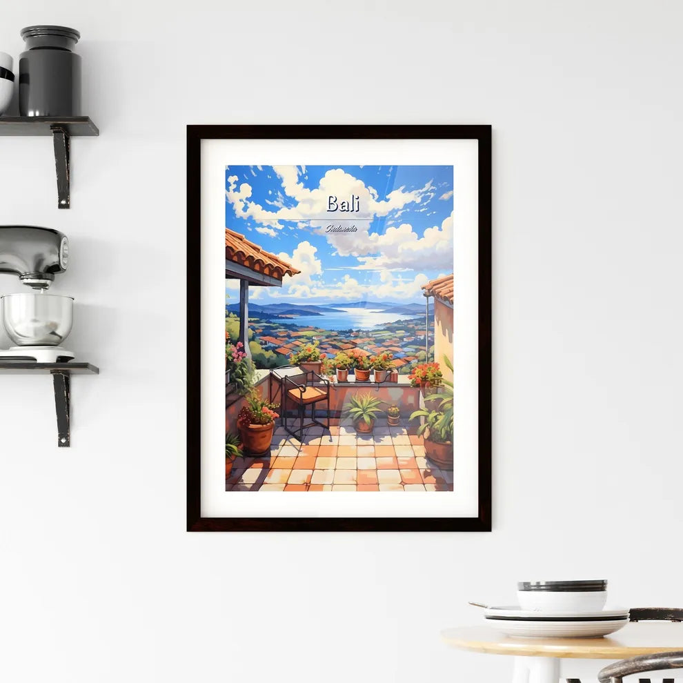 On the roofs of Bali, Indonesia - Art print of a painting of a rooftop with a view of a city and water Custom Print
