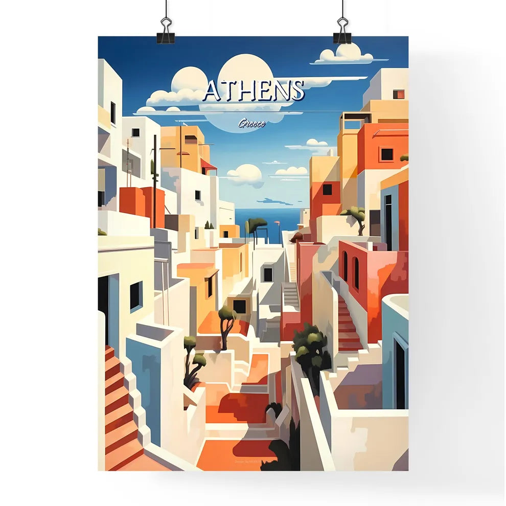 Athens, Greece - Art print of a colorful city with stairs and trees Poster