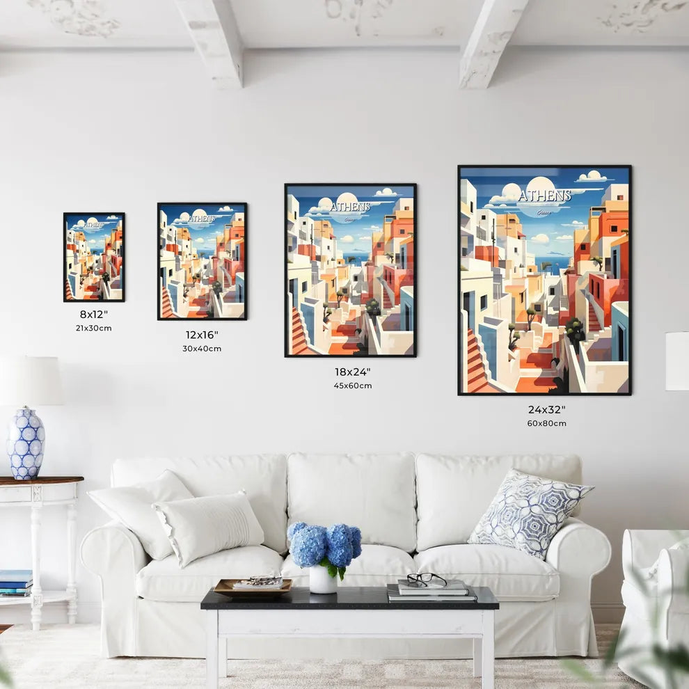 Athens, Greece - Art print of a colorful city with stairs and trees Size Chart