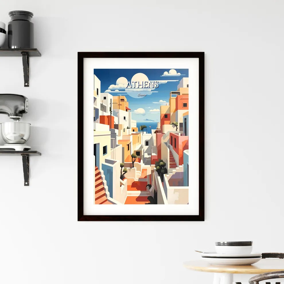 Athens, Greece - Art print of a colorful city with stairs and trees Custom Print