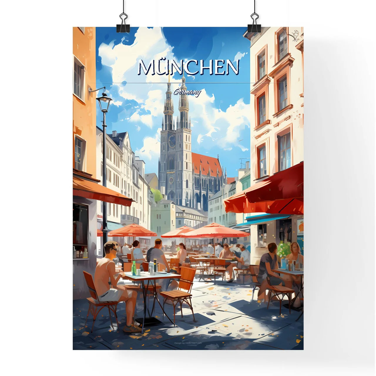 München, Germany - Art print of a group of people sitting at tables in a street Poster