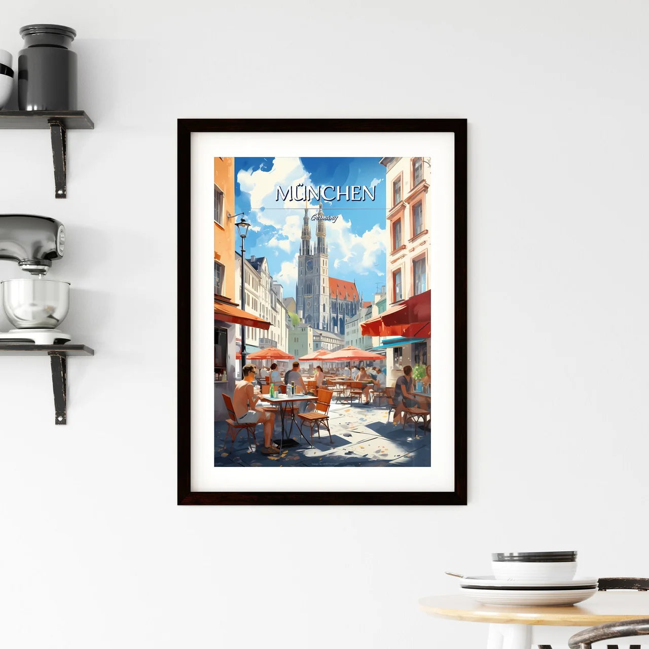 München, Germany - Art print of a group of people sitting at tables in a street Custom Print