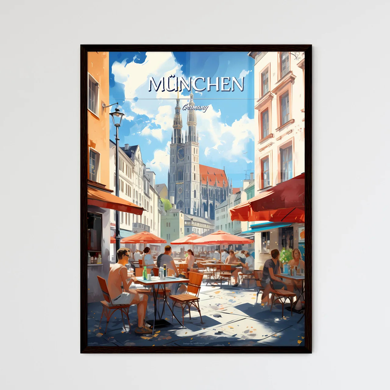 München, Germany - Art print of a group of people sitting at tables in a street Framed Art