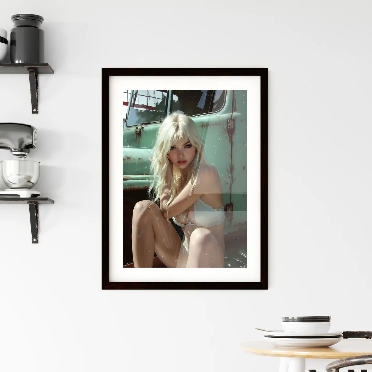 Sitting pin up factory worker girl Framed Print