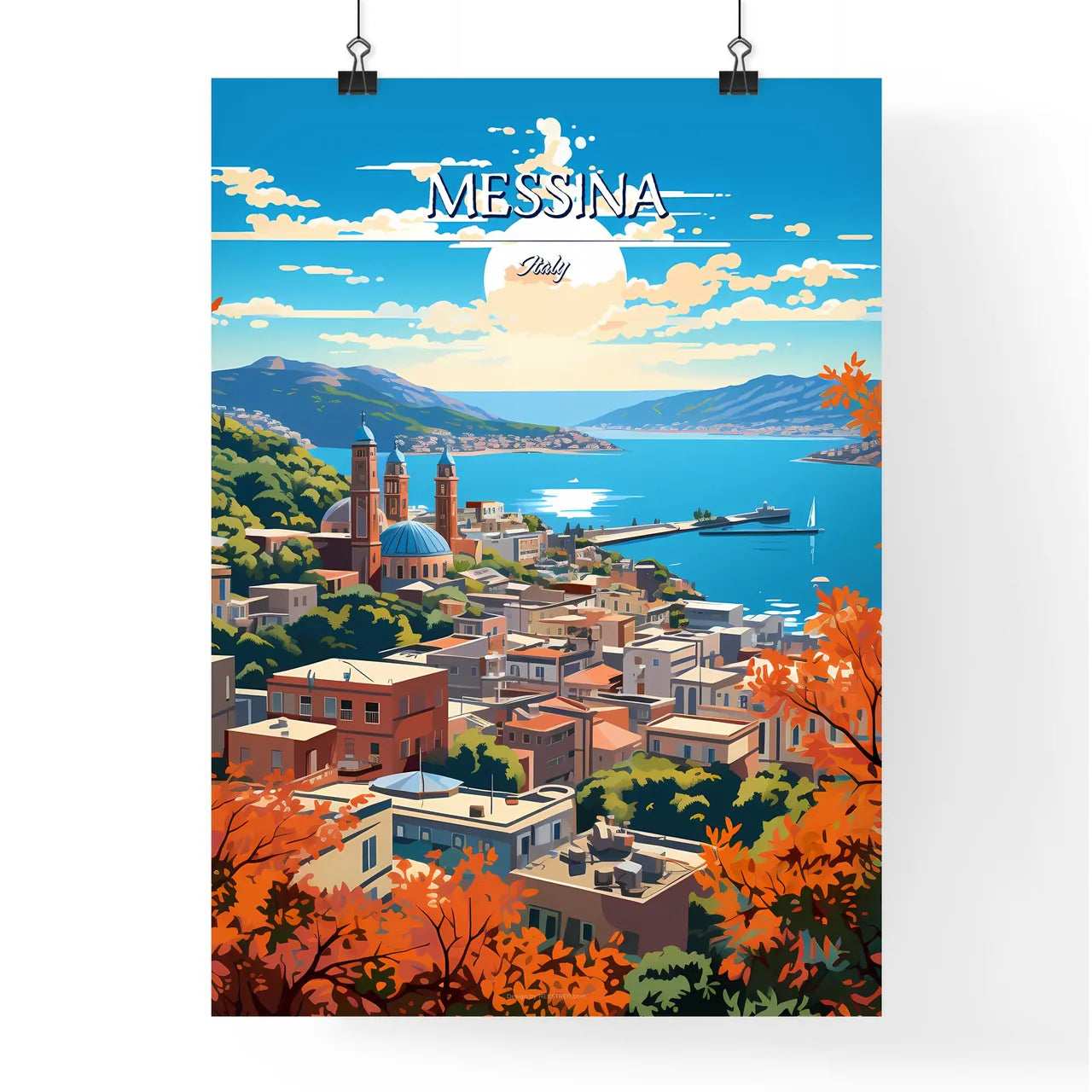 Messina, Italy - Art print of a city by the water Poster