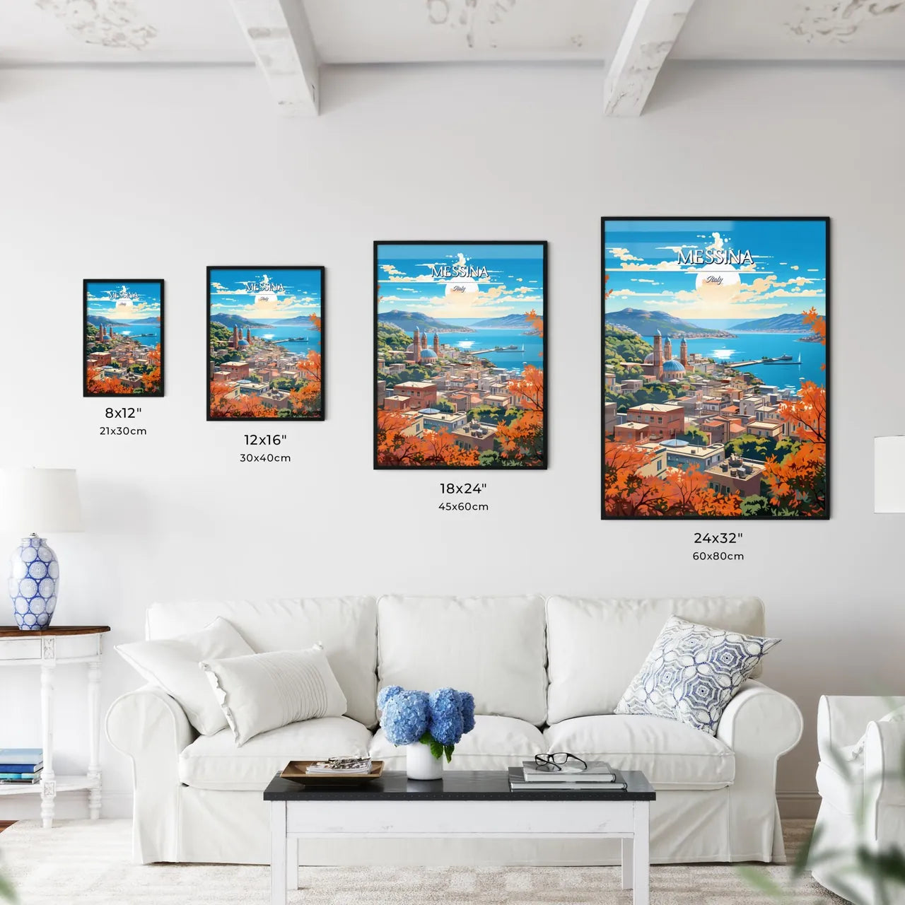 Messina, Italy - Art print of a city by the water Size Chart