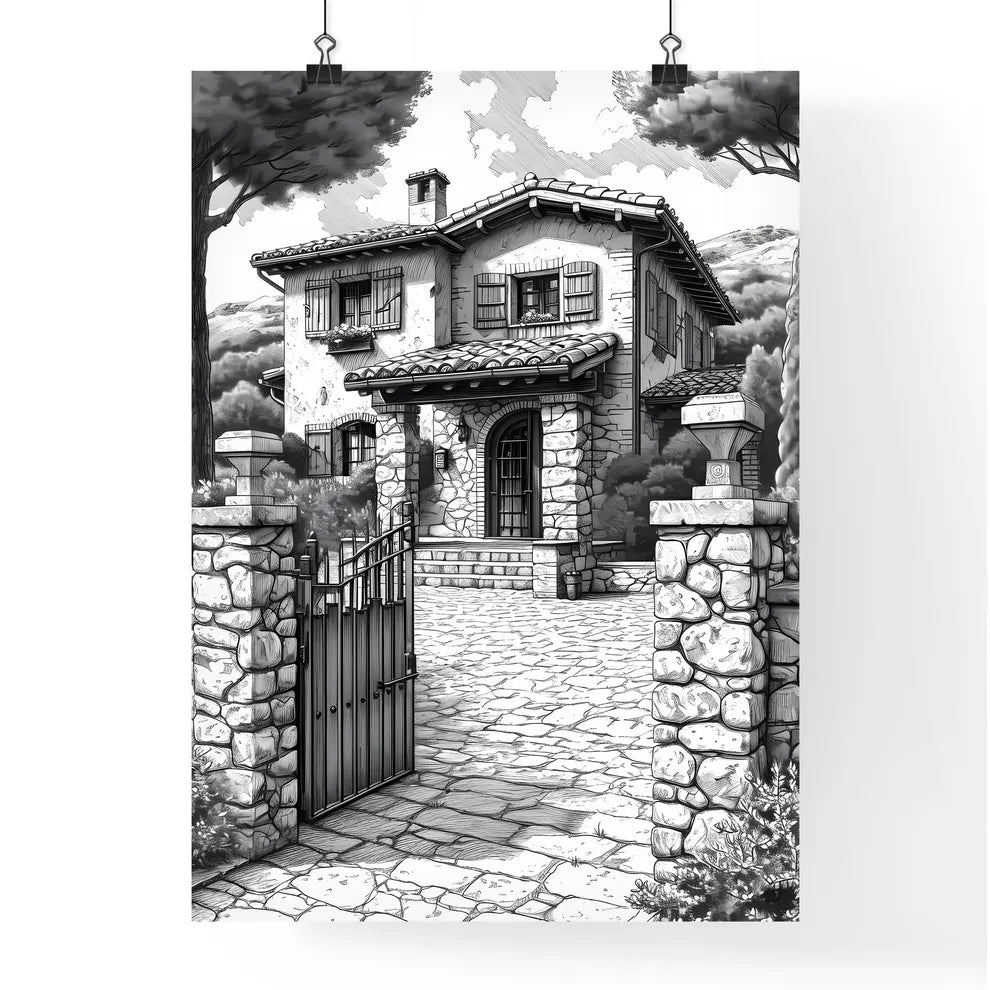 A French Chateau winery - Art print of a drawing of a house with a gate and trees Poster