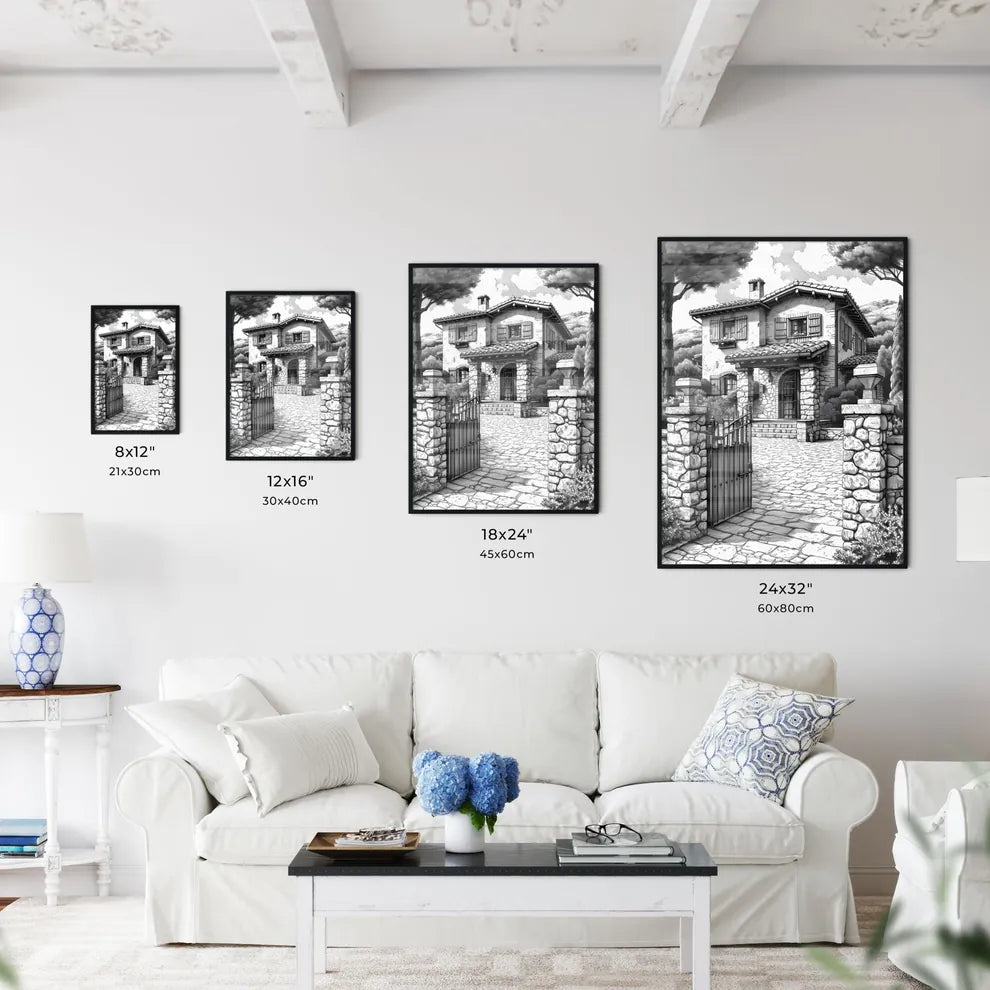 A French Chateau winery - Art print of a drawing of a house with a gate and trees Size Chart