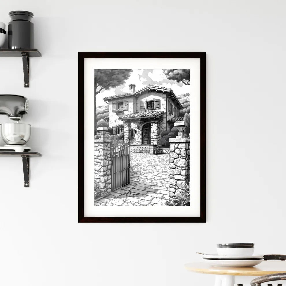 A French Chateau winery - Art print of a drawing of a house with a gate and trees Custom Print