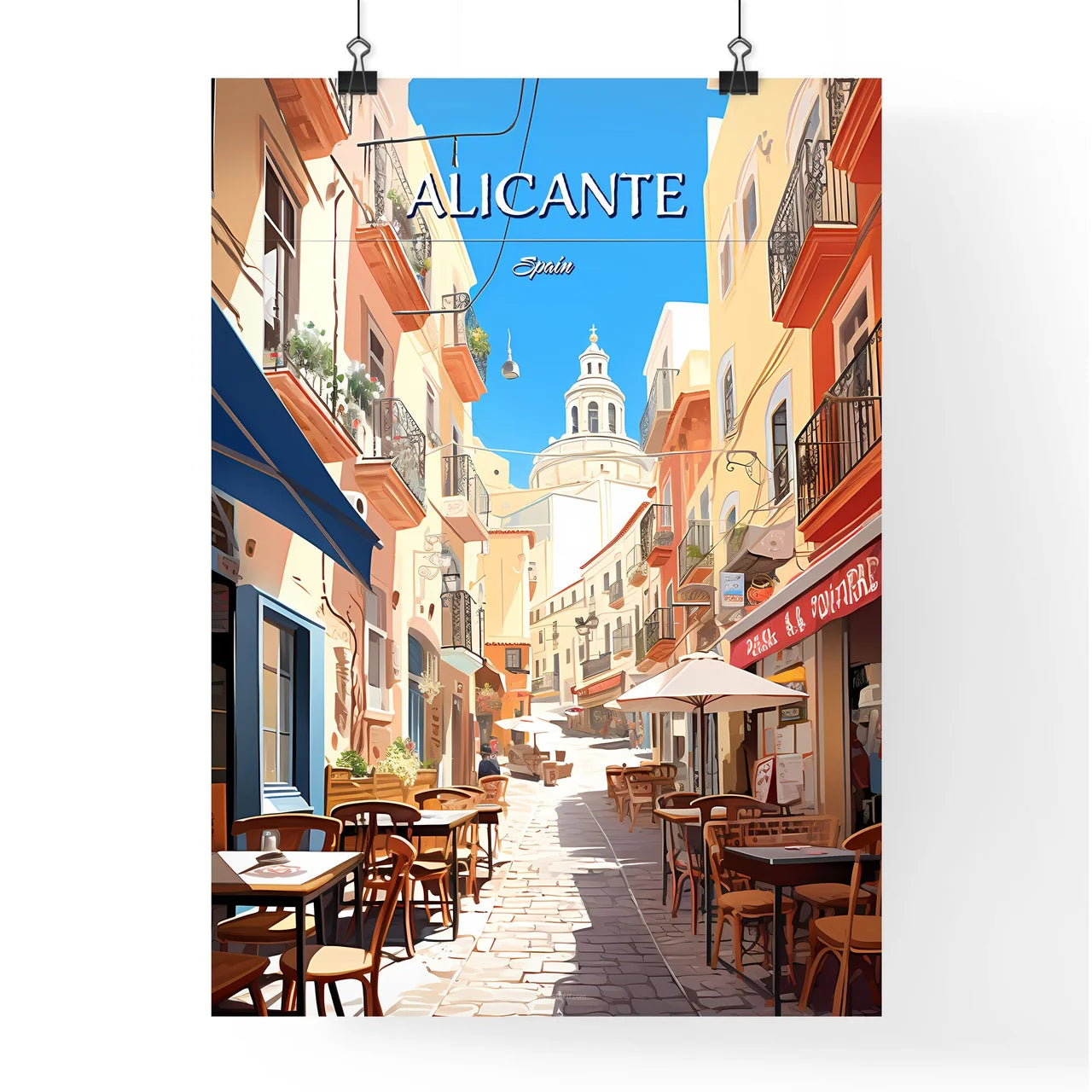 Alicante, Spain - Art print of a street with tables and chairs in a small town Poster