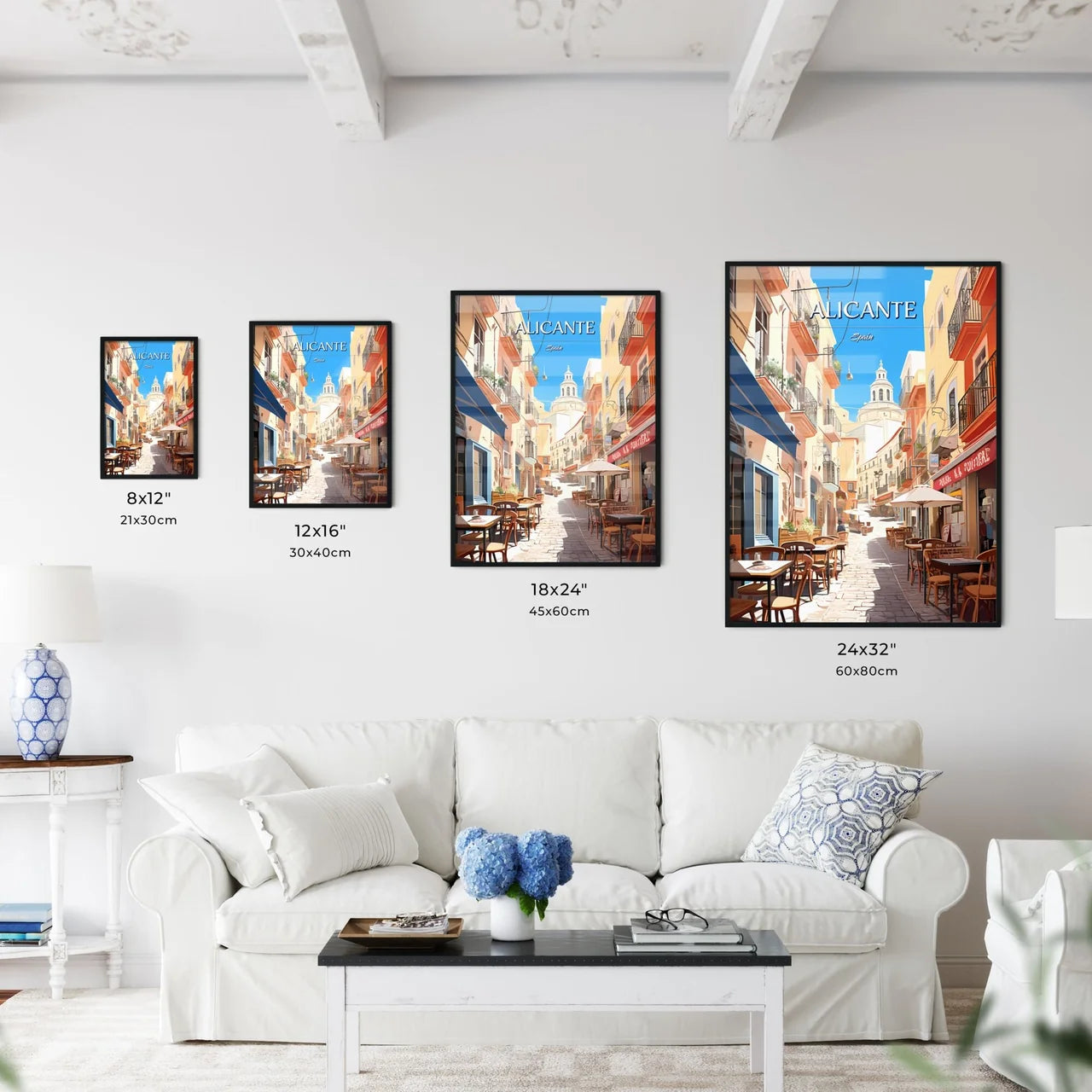 Alicante, Spain - Art print of a street with tables and chairs in a small town Size Chart