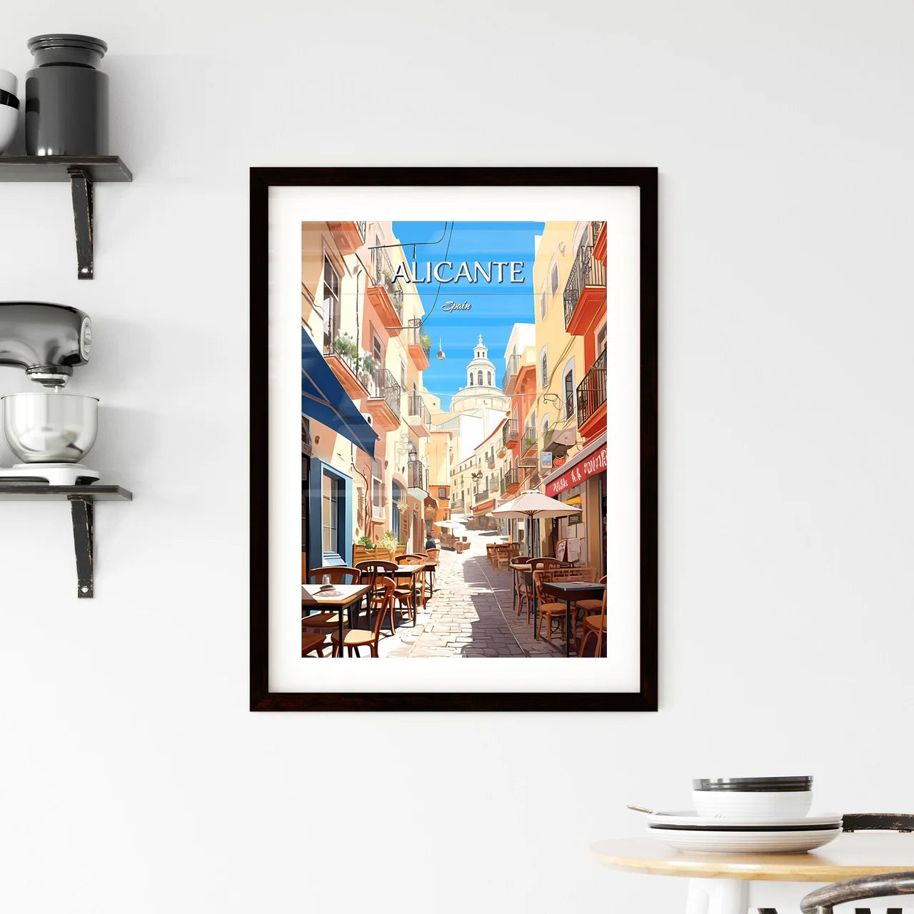 Alicante, Spain - Art print of a street with tables and chairs in a small town Custom Print