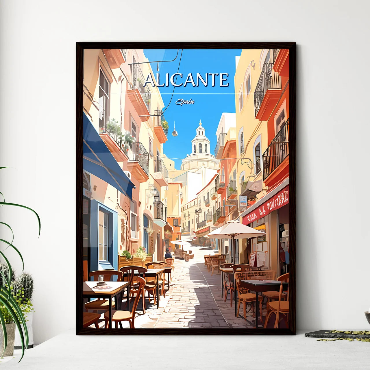 Alicante, Spain - Art print of a street with tables and chairs in a small town Framed Art