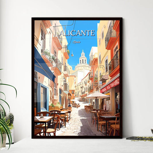 Alicante, Spain - Art print of a street with tables and chairs in a small town Framed Art