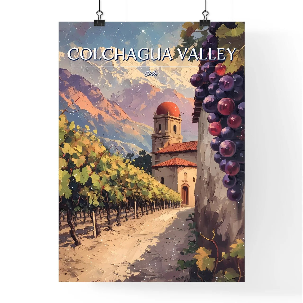 Colchagua Valley, Chile - Art print of a painting of a vineyard with a building and grapes Poster