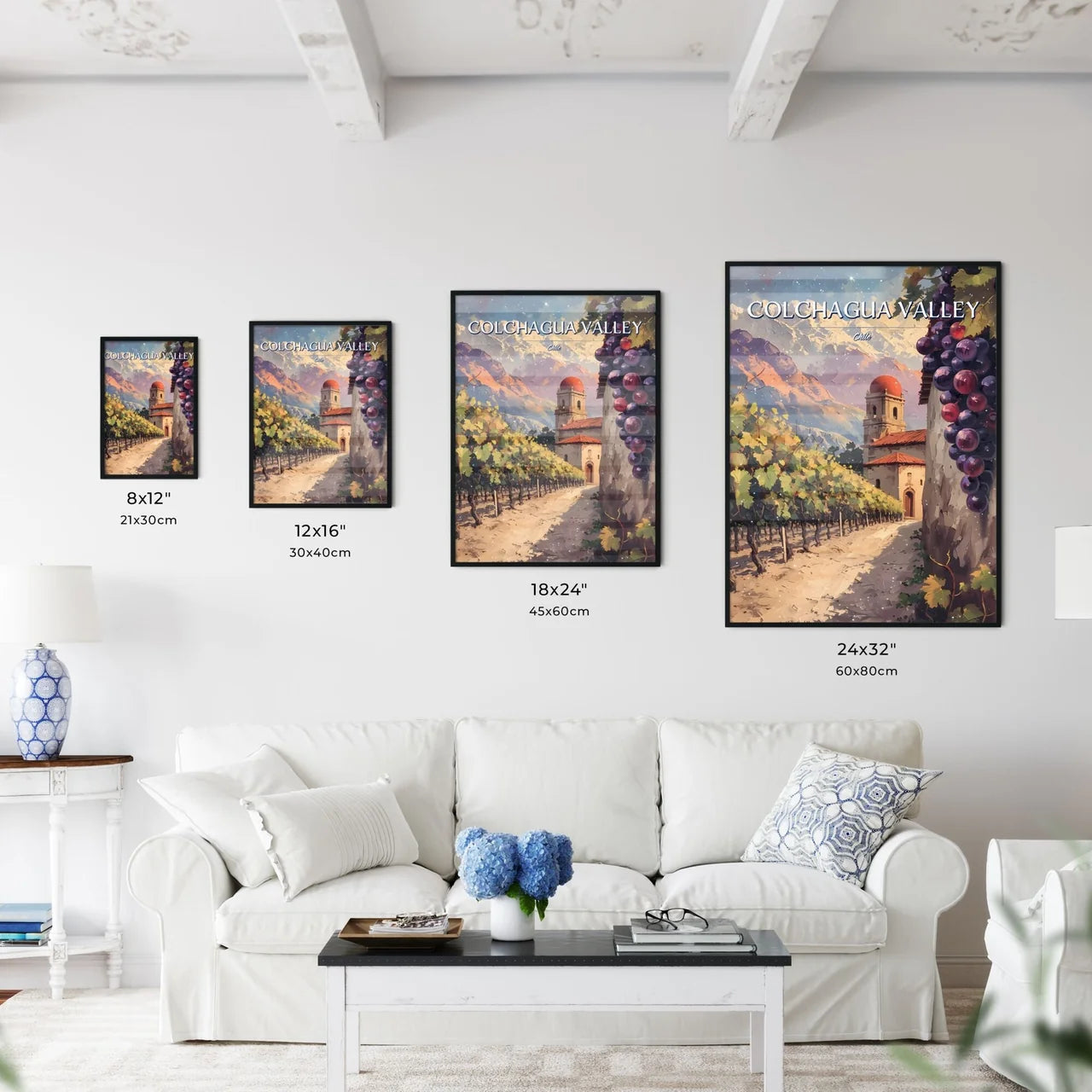 Colchagua Valley, Chile - Art print of a painting of a vineyard with a building and grapes Size Chart