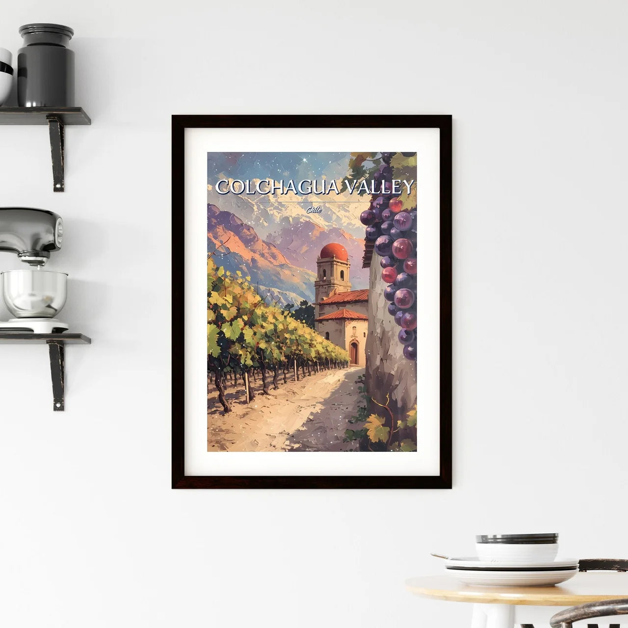 Colchagua Valley, Chile - Art print of a painting of a vineyard with a building and grapes Custom Print