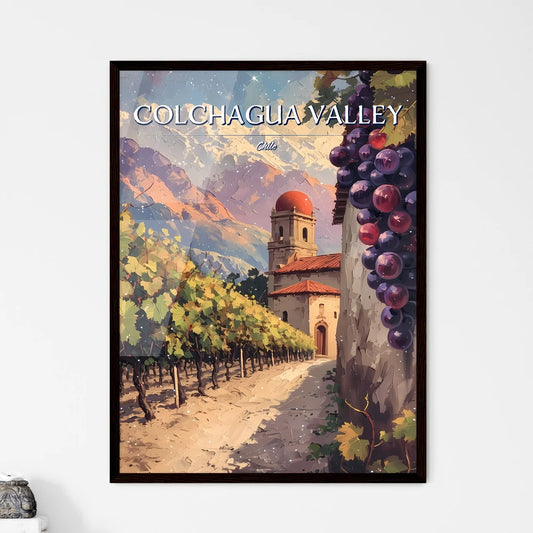Colchagua Valley, Chile - Art print of a painting of a vineyard with a building and grapes Framed Art