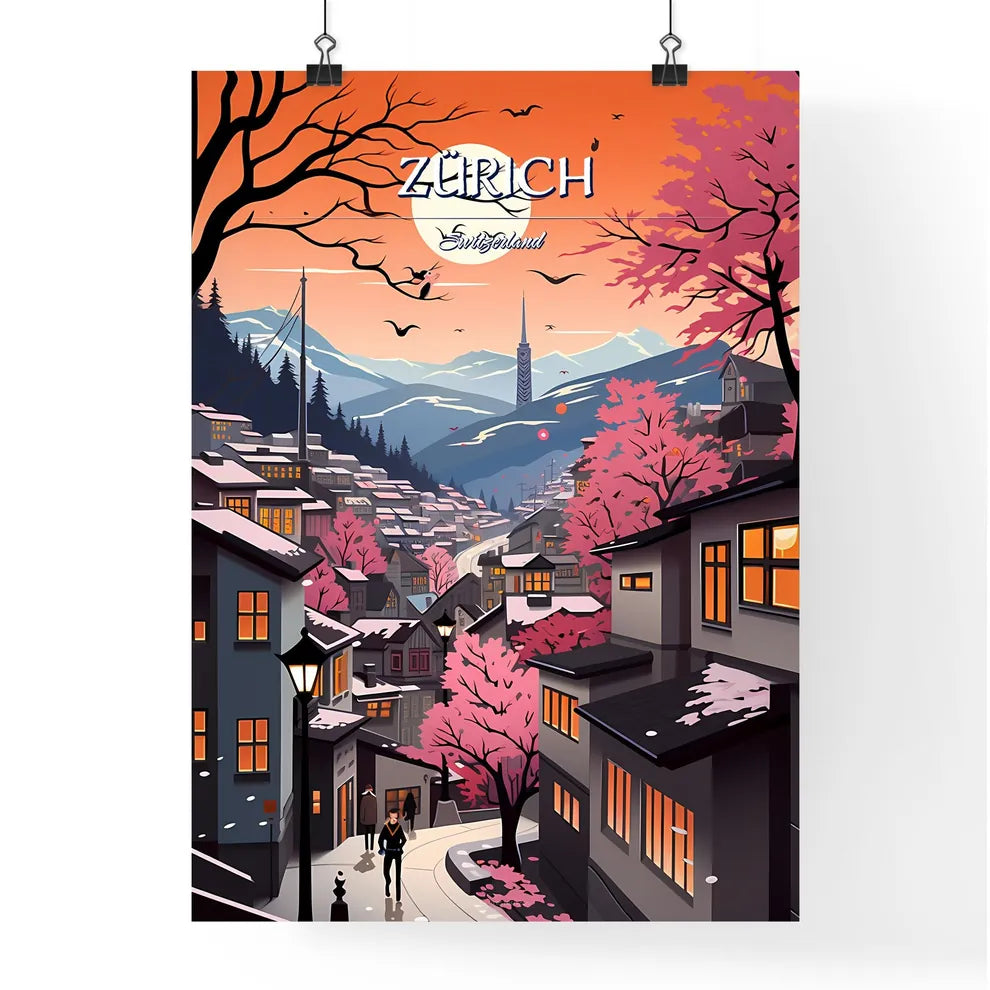 Zürich, Switzerland, - Art print of a city with trees and mountains Poster