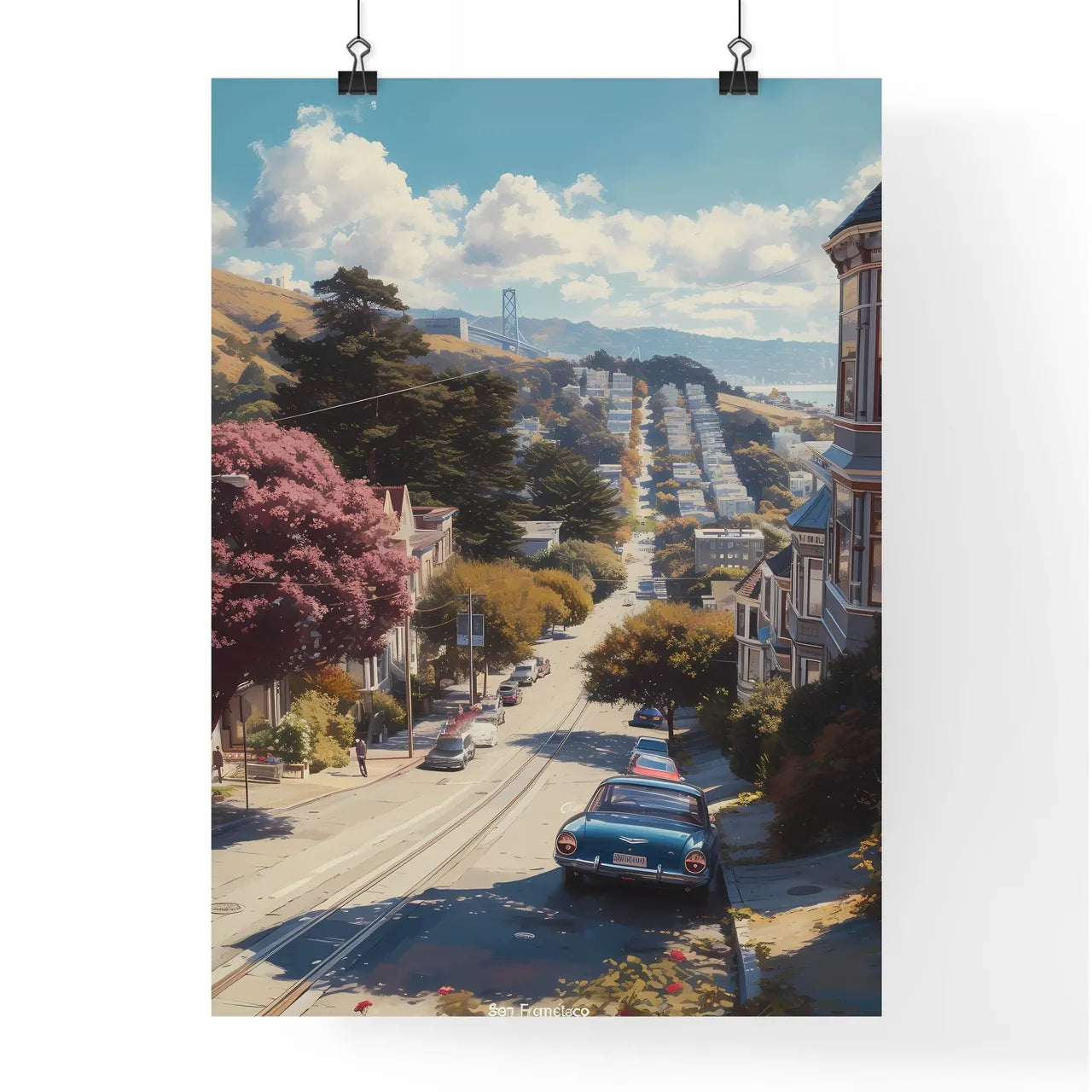 Poster of San Francisco - Art print of a street with cars and buildings on the side Poster
