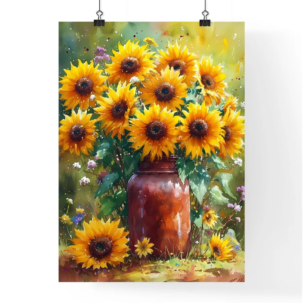 A vibrant bunch of sunflowers in a vintage j Poster