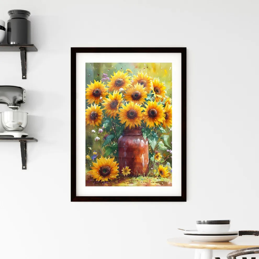 A vibrant bunch of sunflowers in a vintage j Framed Print