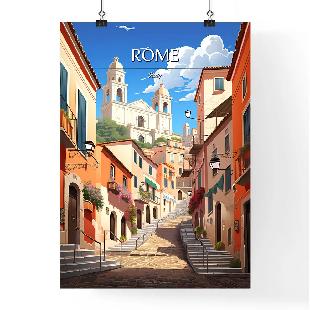 Rome, Italy - Art print of a street with stairs and buildings Poster
