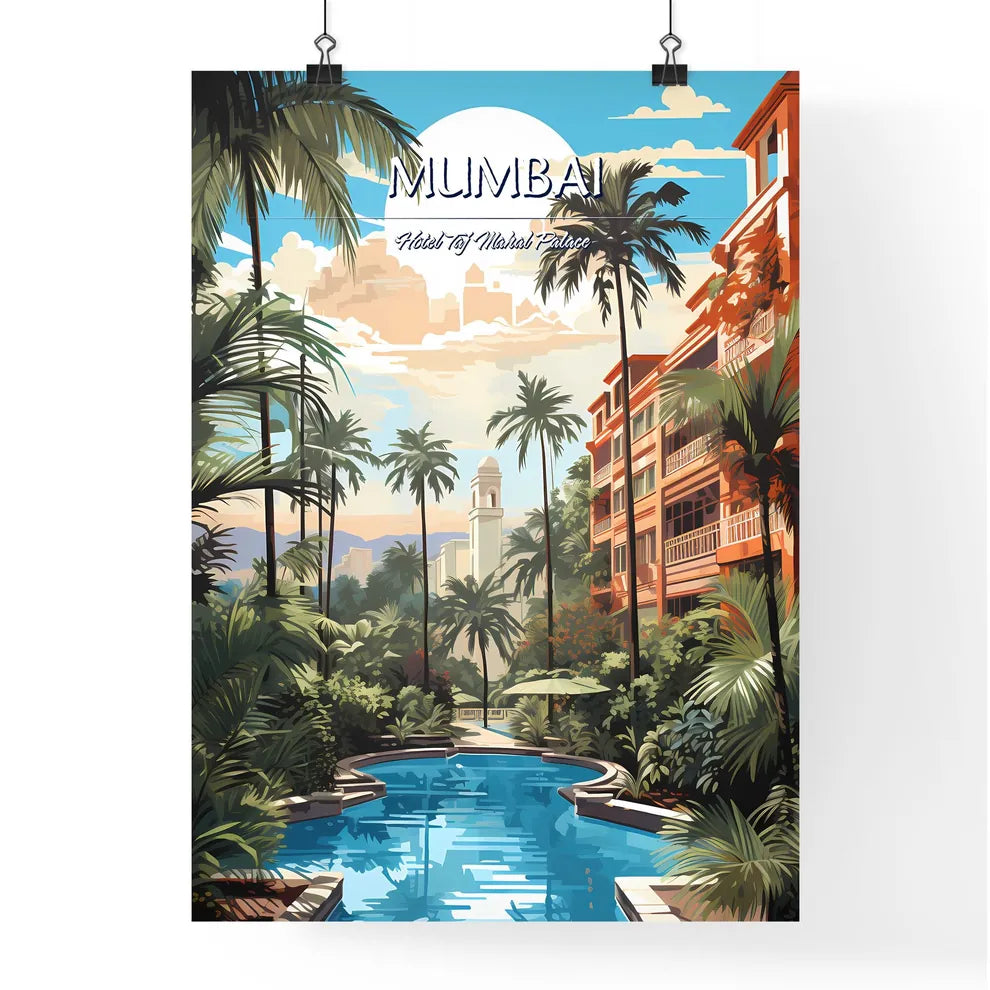 Mumbai, Hotel Taj Mahal Palace - Art print of a pool with palm trees and buildings in the background Poster