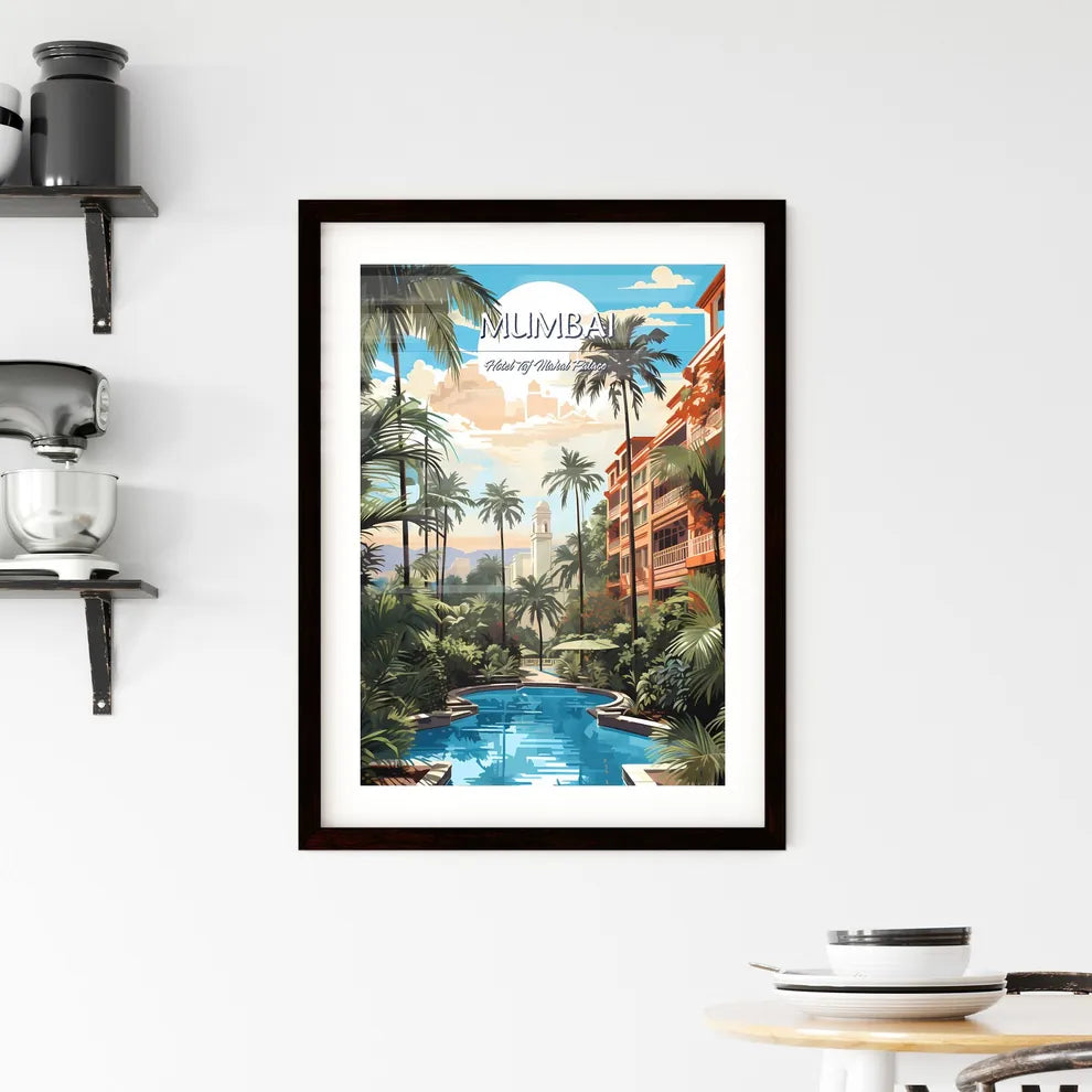 Mumbai, Hotel Taj Mahal Palace - Art print of a pool with palm trees and buildings in the background Custom Print