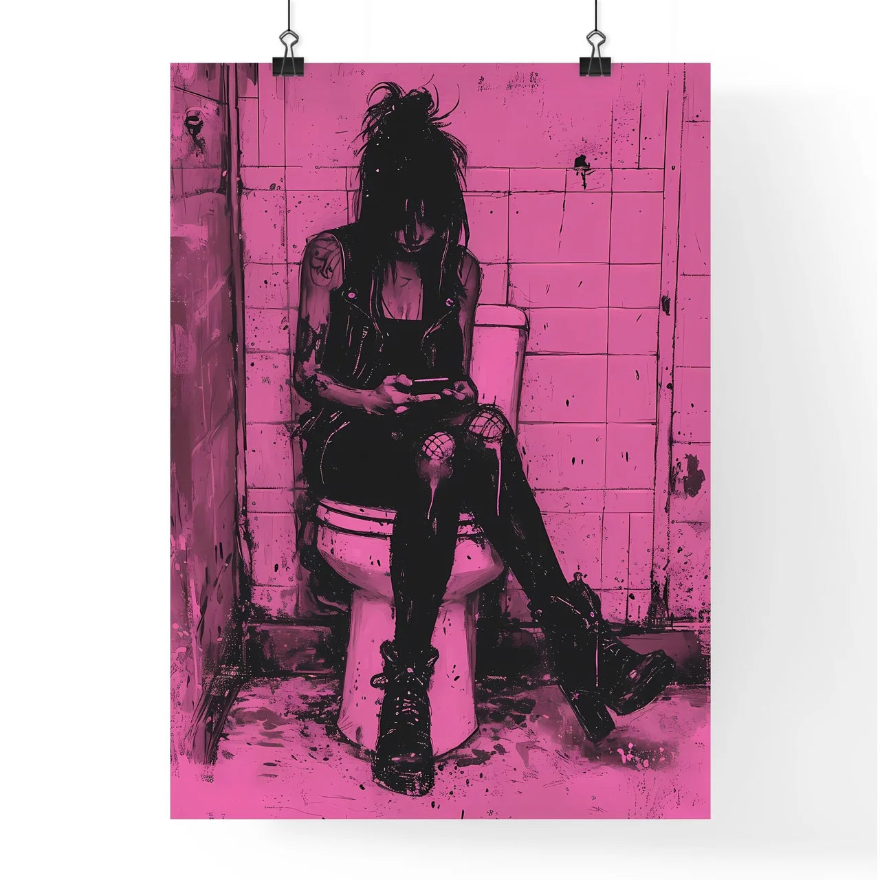 Woman sits on toilet and looks at her phone  Poster