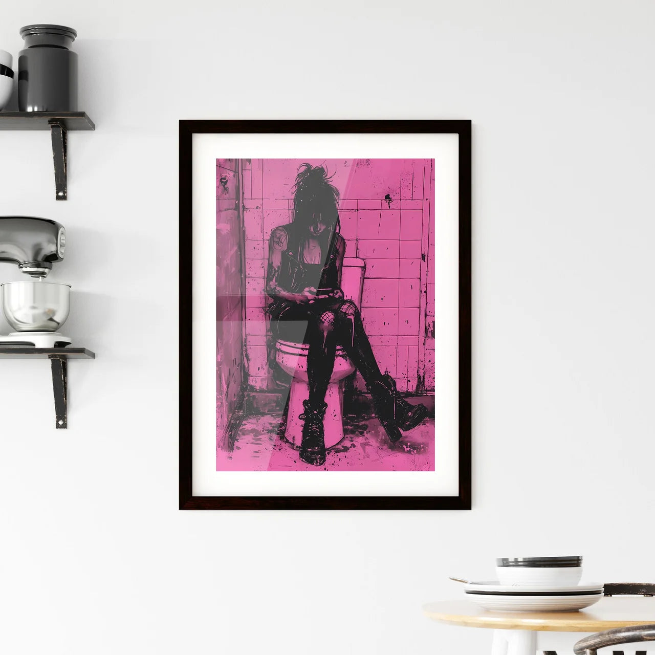 Woman sits on toilet and looks at her phone  Framed Print