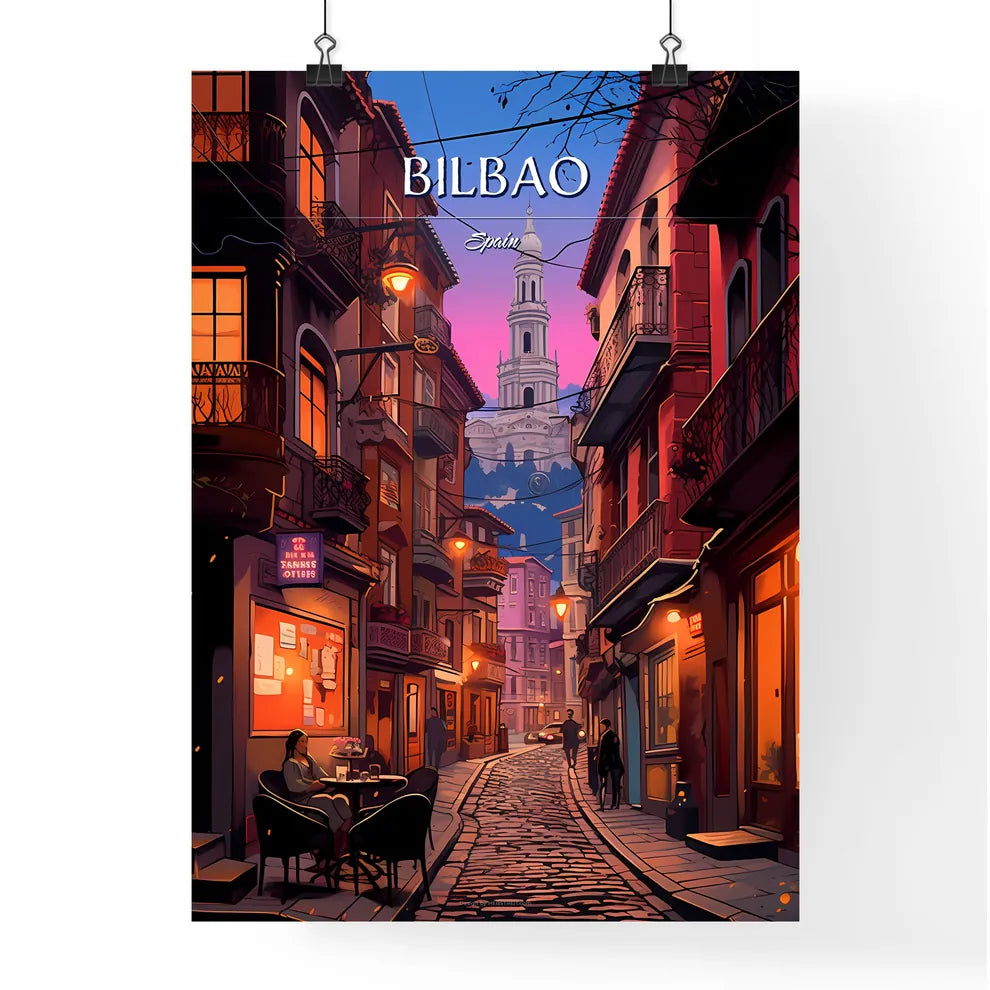Bilbao, Spain - Art print of a street with buildings and people on it Poster