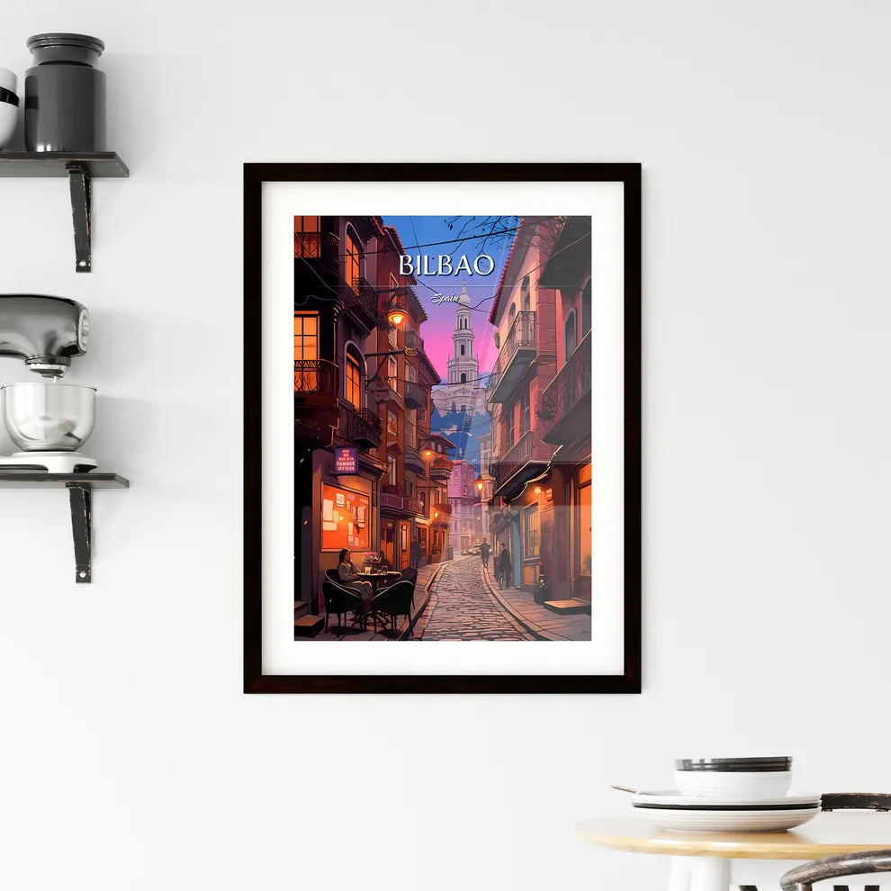 Bilbao, Spain - Art print of a street with buildings and people on it Custom Print