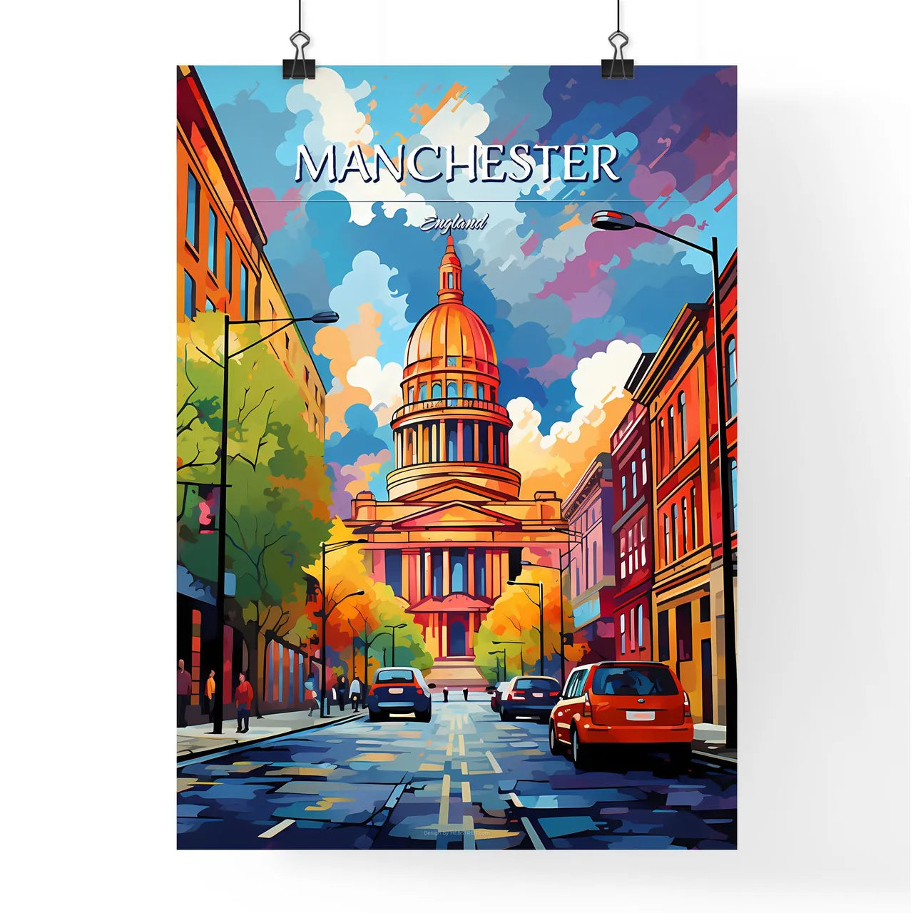 Manchester, England - Art print of a street with cars and a building Poster