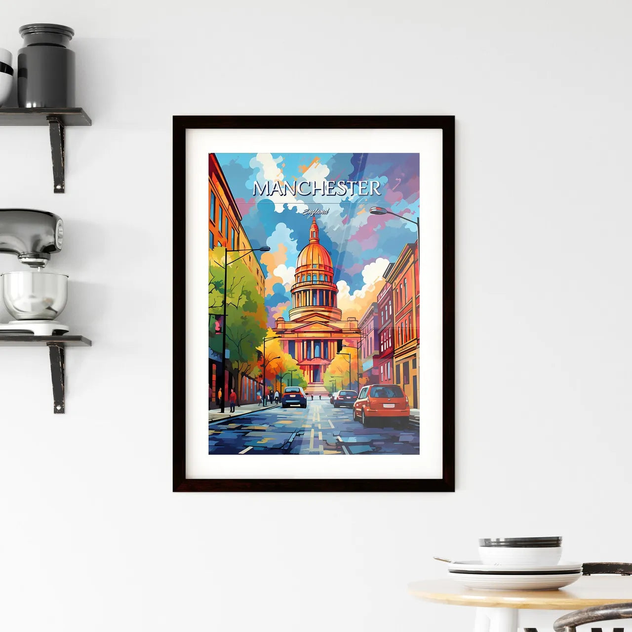 Manchester, England - Art print of a street with cars and a building Custom Print